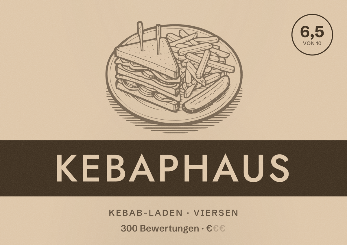 Illustriertes Poster von Kebaphaus, Kebab-Laden in Viersen: Bewertung 6,5 von 10 aus 300 Bewertungen, Preisniveau €