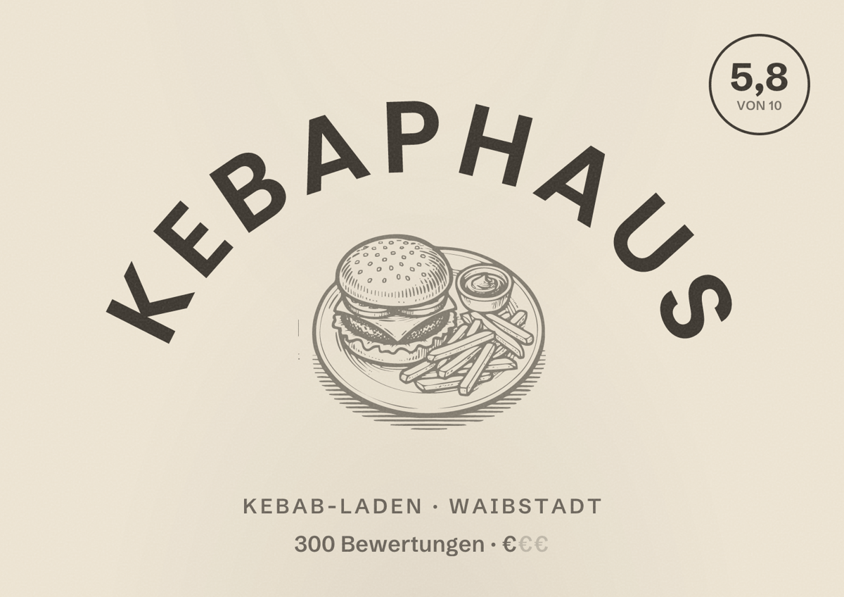 Illustriertes Poster von Kebaphaus, Kebab-Laden in Waibstadt: Bewertung 5,8 von 10 aus 300 Bewertungen, Preisniveau €