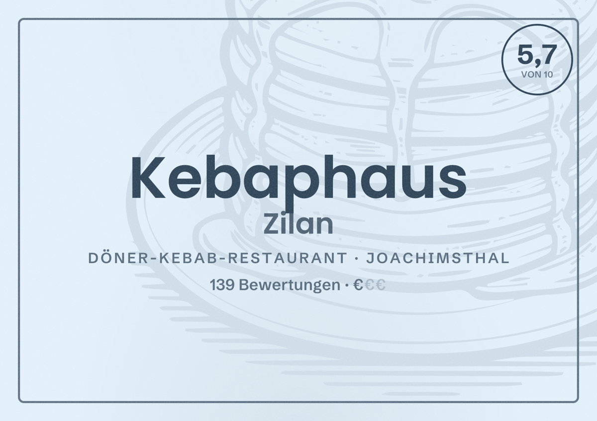 Illustriertes Poster von Kebaphaus Zilan, Döner-Kebab-Restaurant in Joachimsthal: Bewertung 5,7 von 10 aus 139 Bewertungen, Preisniveau €