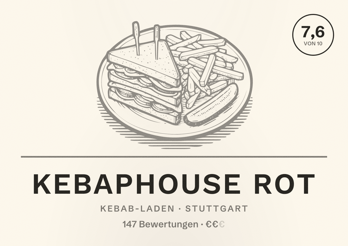 Illustriertes Poster von Kebaphouse Rot, Kebab-Laden in Stuttgart: Bewertung 7,6 von 10 aus 147 Bewertungen, Preisniveau €€
