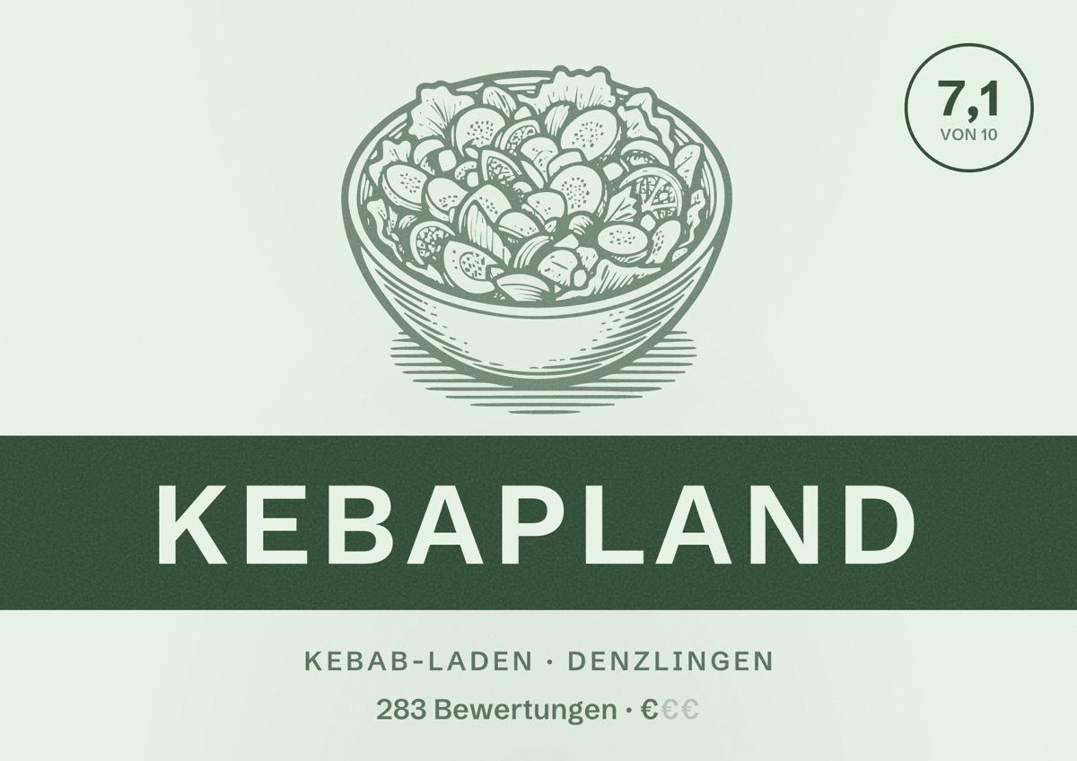 Illustriertes Poster von Kebapland, Kebab-Laden in Denzlingen: Bewertung 7,1 von 10 aus 283 Bewertungen, Preisniveau €