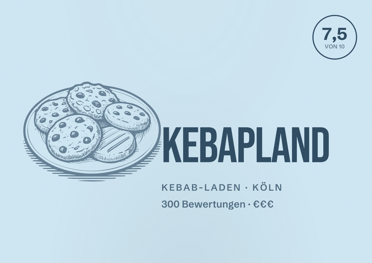 Illustriertes Poster von Kebapland, Kebab-Laden in Köln: Bewertung 7,5 von 10 aus 300 Bewertungen, Preisniveau €€€