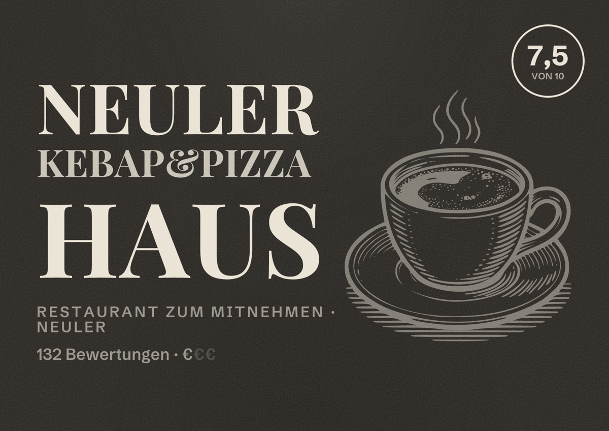 Illustriertes Poster von Neuler kebap&pizza haus, Restaurant zum Mitnehmen in Neuler: Bewertung 7,5 von 10 aus 132 Bewertungen, Preisniveau €