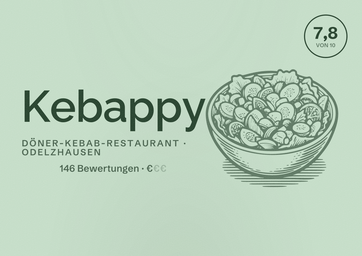 Illustriertes Poster von Kebappy, Döner-Kebab-Restaurant in Odelzhausen: Bewertung 7,8 von 10 aus 146 Bewertungen, Preisniveau €