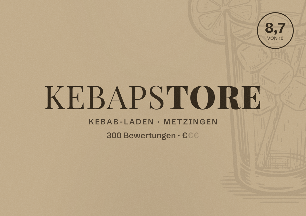 Illustriertes Poster von KEBAPSTORE, Kebab-Laden in Metzingen: Bewertung 8,7 von 10 aus 300 Bewertungen, Preisniveau €
