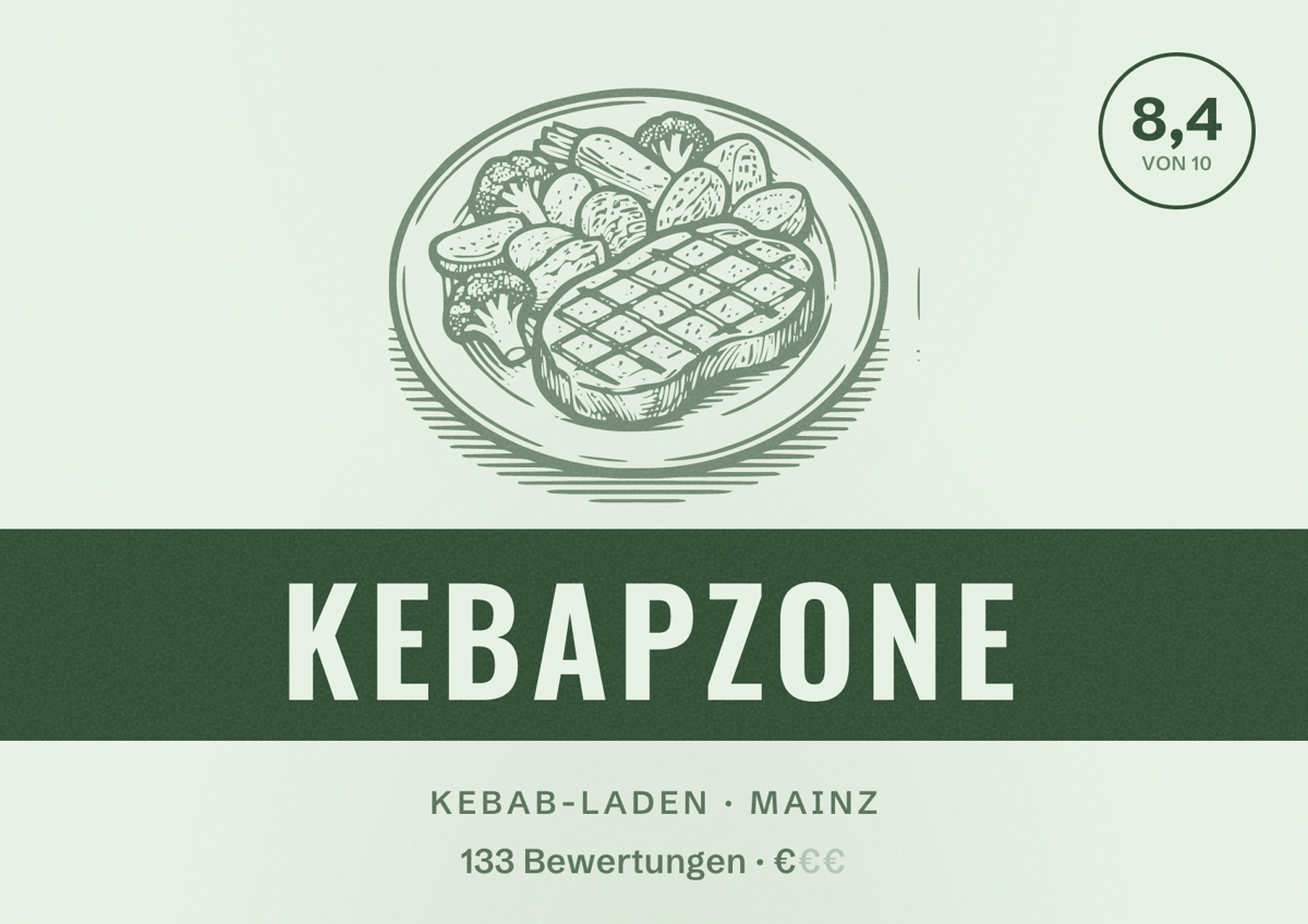 Illustriertes Poster von Kebapzone, Kebab-Laden in Mainz: Bewertung 8,4 von 10 aus 133 Bewertungen, Preisniveau €