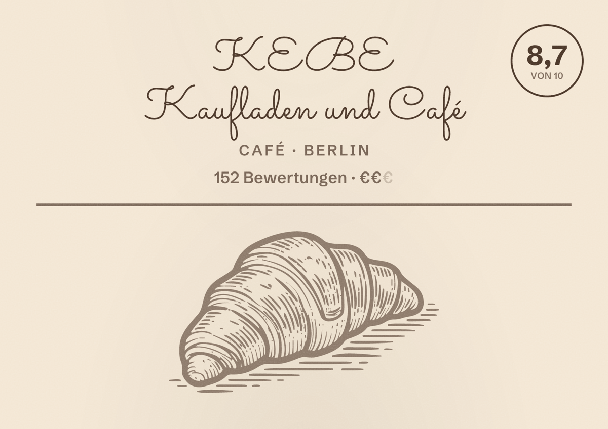 Illustriertes Poster von KEBE Kaufladen und Café, Café in Berlin: Bewertung 8,7 von 10 aus 152 Bewertungen, Preisniveau €€