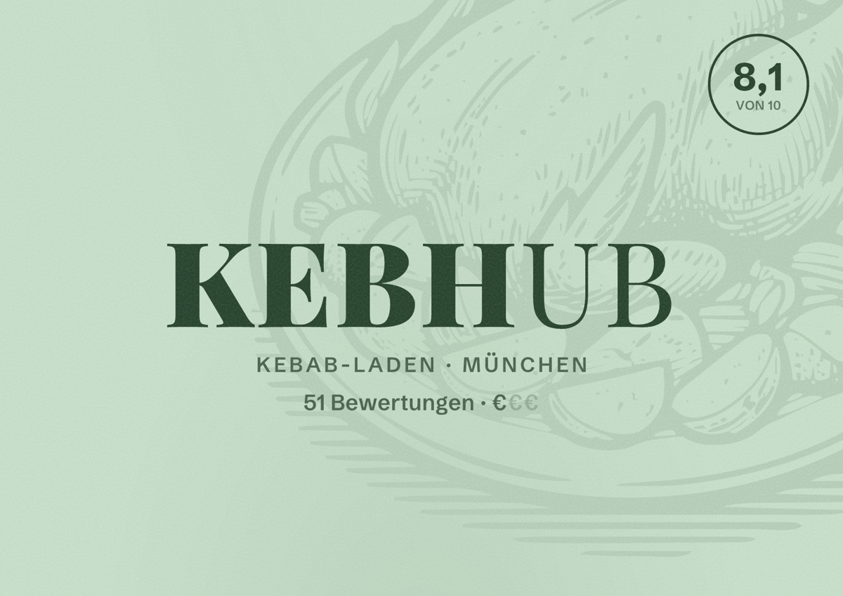 Illustriertes Poster von KebHub, Kebab-Laden in München: Bewertung 8,1 von 10 aus 51 Bewertungen, Preisniveau €