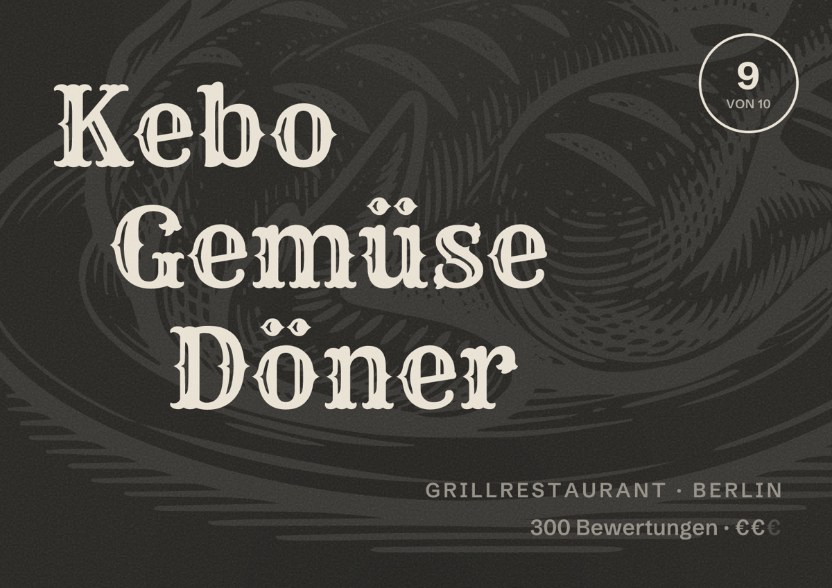 Illustriertes Poster von Kebo Gemüse Döner, Grillrestaurant in Berlin: Bewertung 9,0 von 10 aus 300 Bewertungen, Preisniveau €€