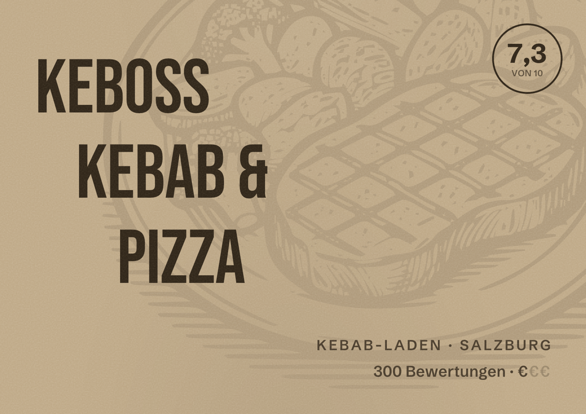 Illustriertes Poster von Keboss Kebab & Pizza, Kebab-Laden in Salzburg: Bewertung 7,3 von 10 aus 300 Bewertungen, Preisniveau €