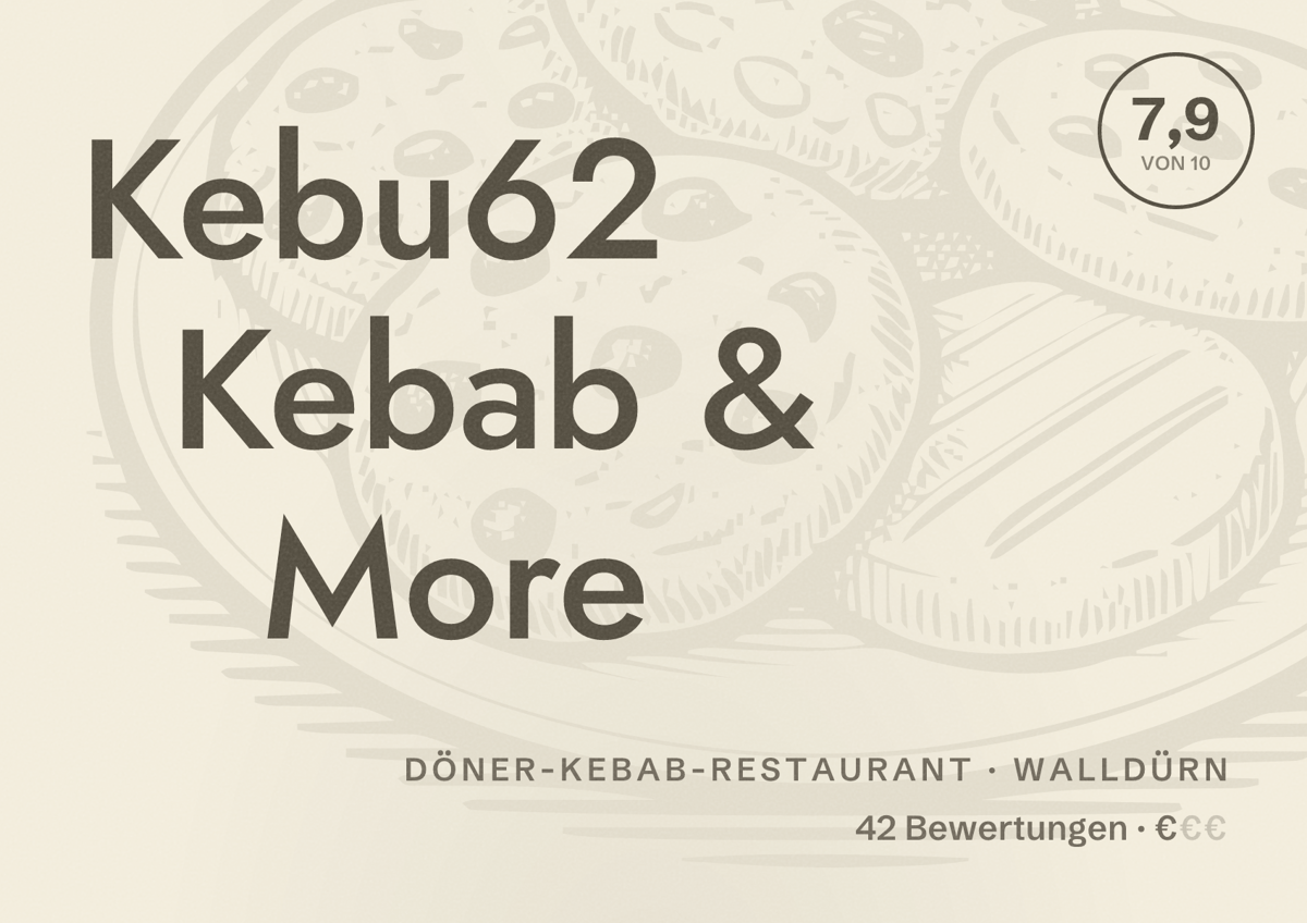 Illustriertes Poster von Kebu62 Kebab & More, Döner-Kebab-Restaurant in Walldürn: Bewertung 7,9 von 10 aus 42 Bewertungen, Preisniveau €