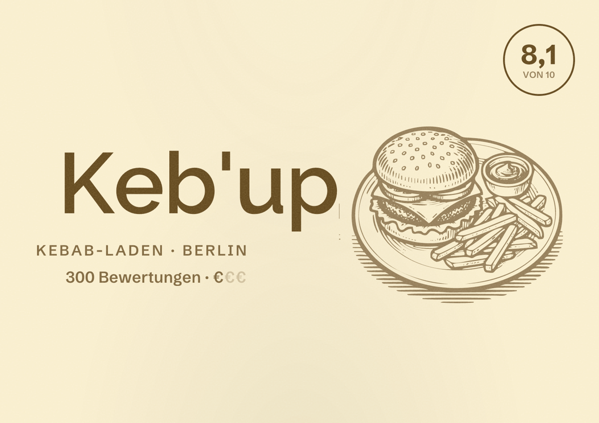 Illustriertes Poster von Keb'up, Kebab-Laden in Berlin: Bewertung 8,1 von 10 aus 300 Bewertungen, Preisniveau €