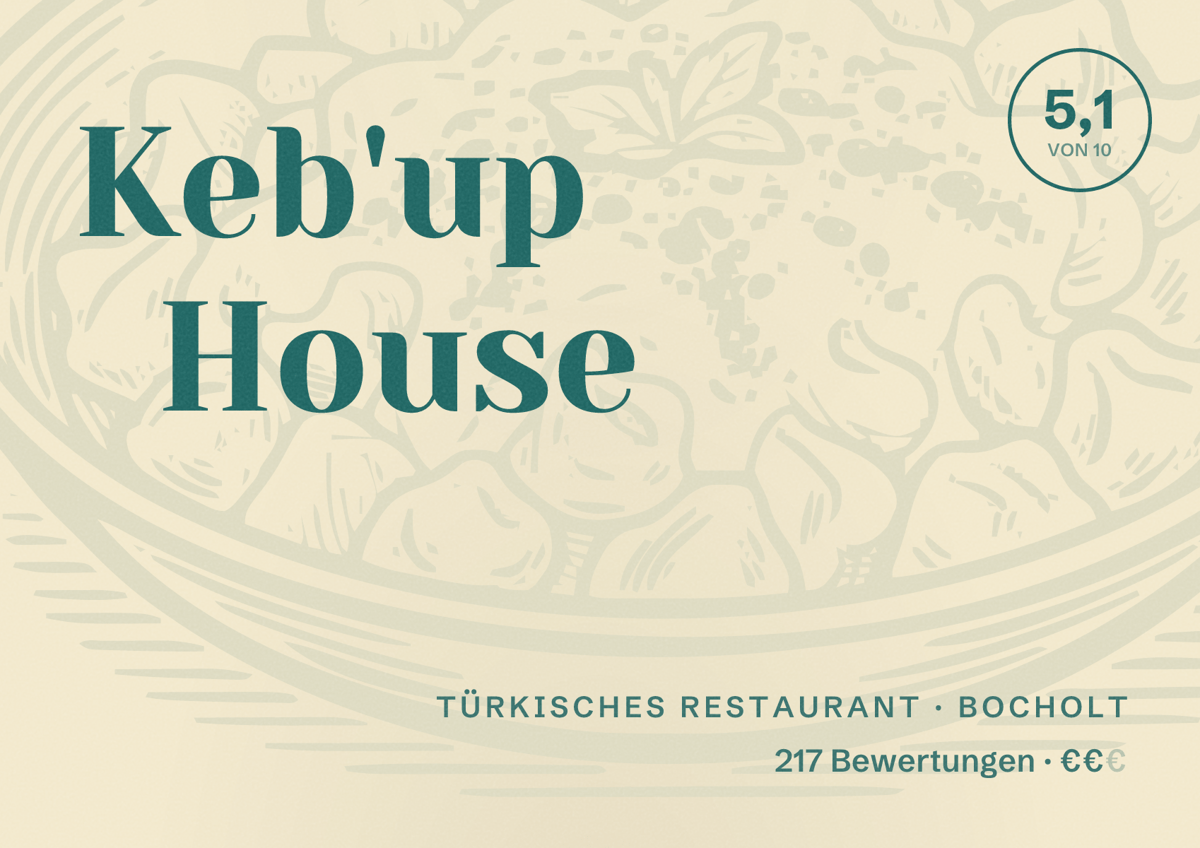 Illustriertes Poster von Keb'up House, Türkisches Restaurant in Bocholt: Bewertung 5,1 von 10 aus 217 Bewertungen, Preisniveau €€