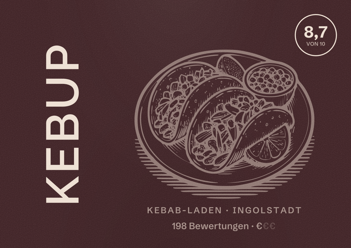Illustriertes Poster von KebUp, Kebab-Laden in Ingolstadt: Bewertung 8,7 von 10 aus 198 Bewertungen, Preisniveau €
