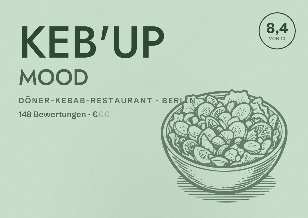 Illustriertes Poster von KEB'UP MOOD, Döner-Kebab-Restaurant in Berlin: Bewertung 8,4 von 10 aus 148 Bewertungen, Preisniveau €
