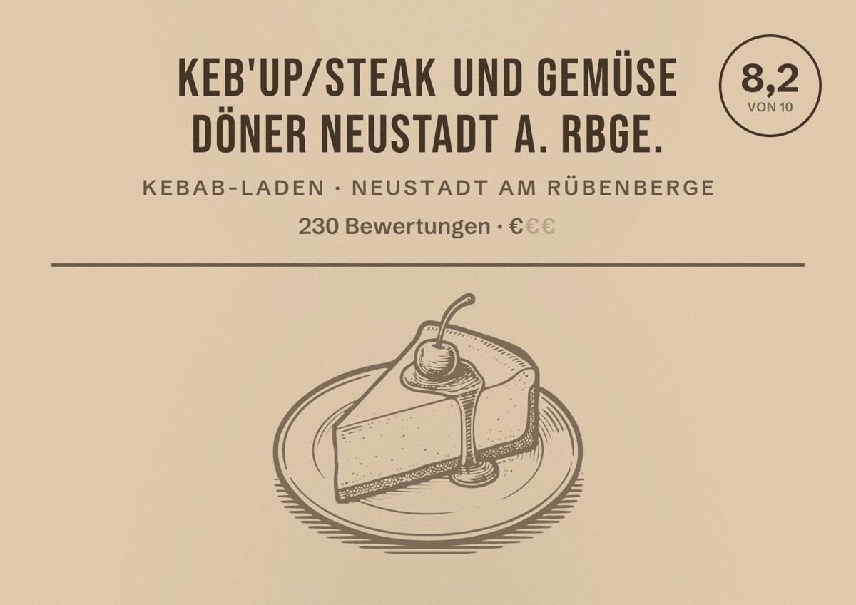 Illustriertes Poster von KEB'UP/Steak und Gemüse Döner Neustadt a. Rbge., Kebab-Laden in Neustadt am Rübenberge: Bewertung 8,2 von 10 aus 230 Bewertungen, Preisniveau €