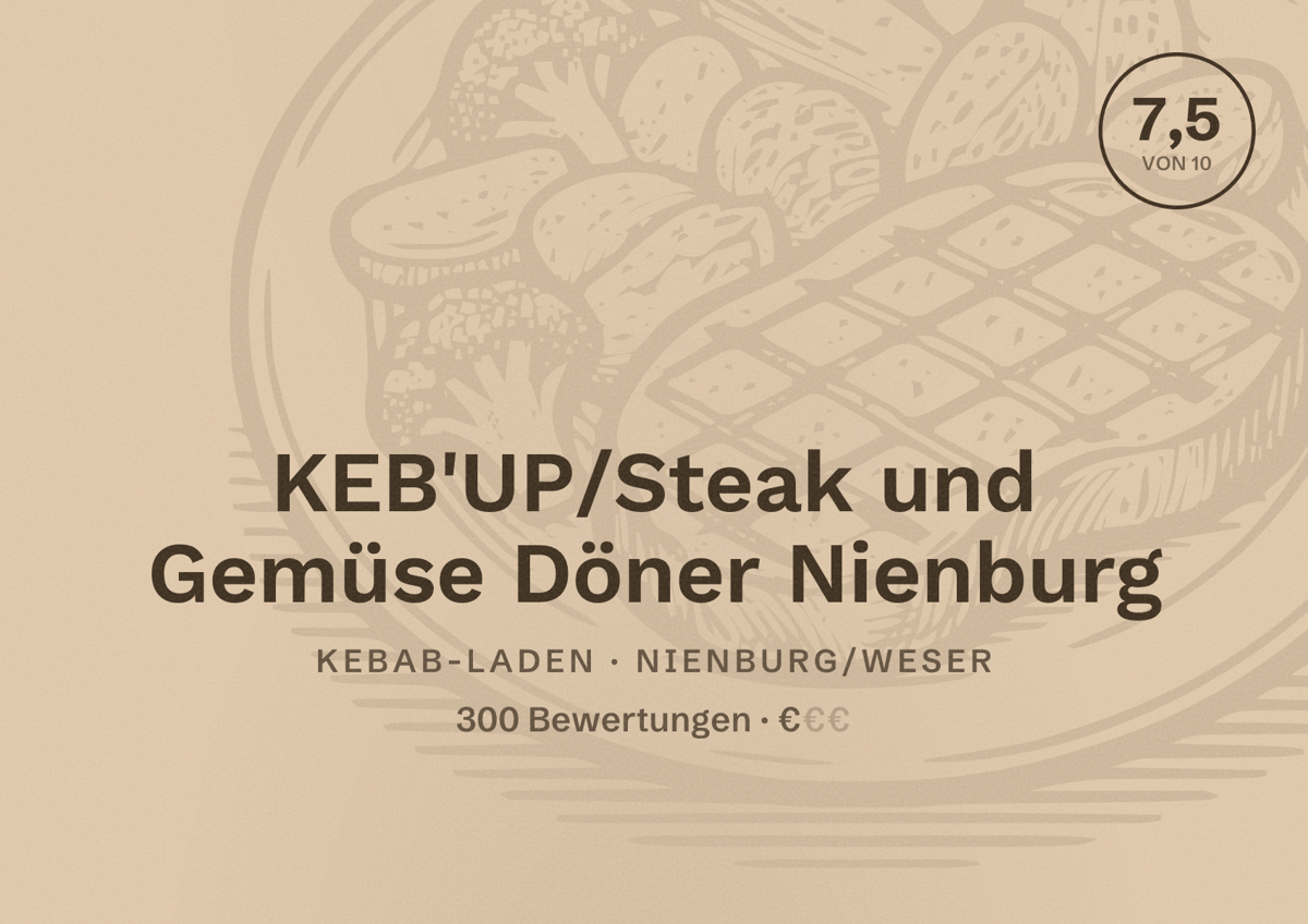 Illustriertes Poster von KEB'UP/Steak und Gemüse Döner Nienburg, Kebab-Laden in Nienburg/Weser: Bewertung 7,5 von 10 aus 300 Bewertungen, Preisniveau €