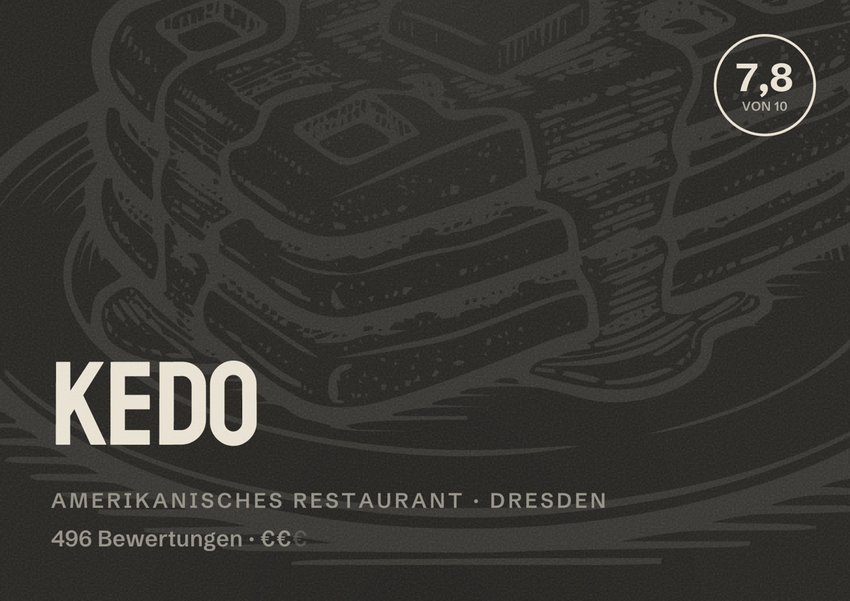 Illustriertes Poster von Kedo, Amerikanisches Restaurant in Dresden: Bewertung 7,8 von 10 aus 496 Bewertungen, Preisniveau €€