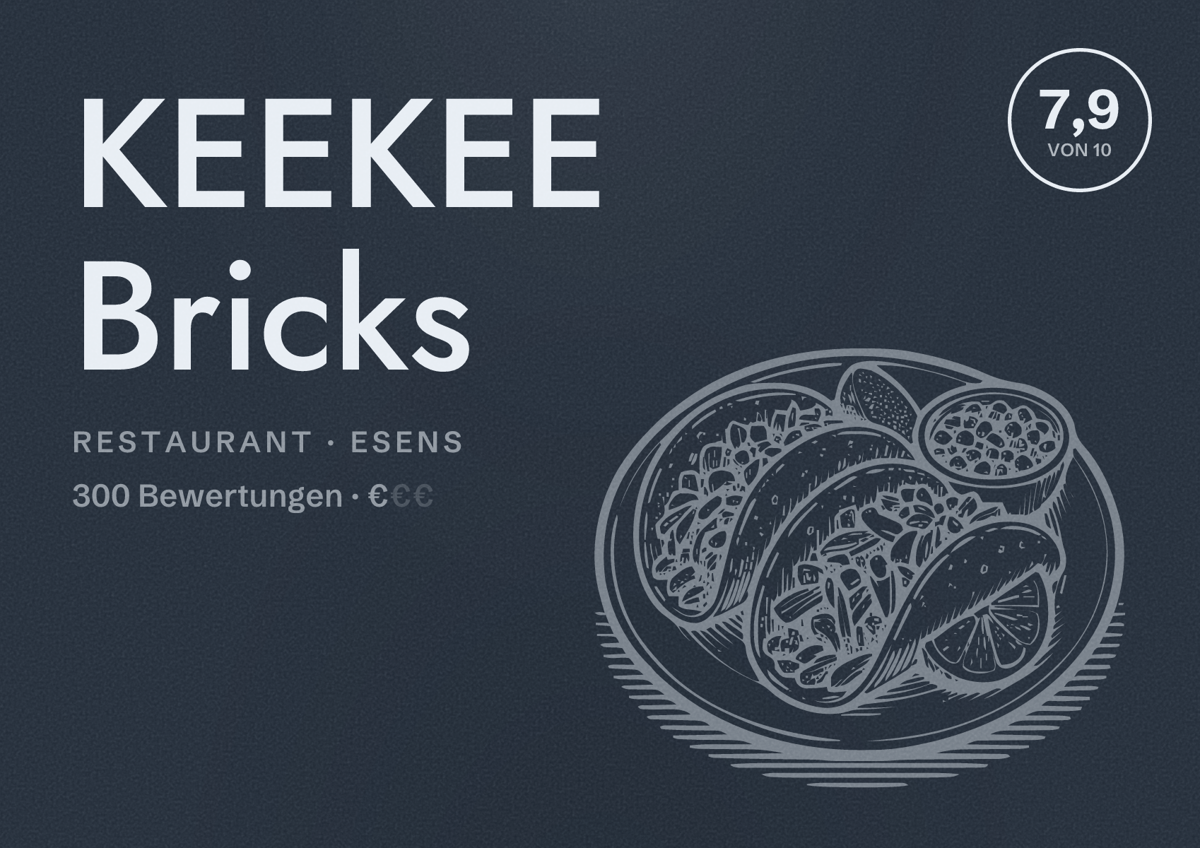 Illustriertes Poster von KEEKEE Bricks, Restaurant in Esens: Bewertung 7,9 von 10 aus 300 Bewertungen, Preisniveau €