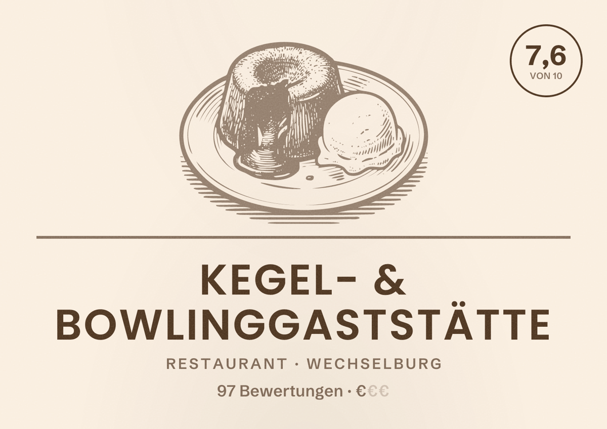 Illustriertes Poster von Kegel- & Bowlinggaststätte, Restaurant in Wechselburg: Bewertung 7,6 von 10 aus 97 Bewertungen, Preisniveau €