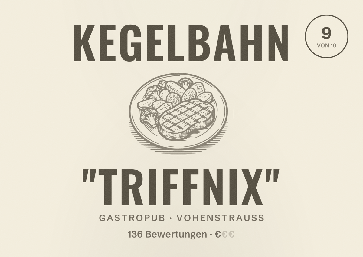 Illustriertes Poster von Kegelbahn "TriffNix", Gastropub in Vohenstrauß: Bewertung 9 von 10 aus 136 Bewertungen, Preisniveau €