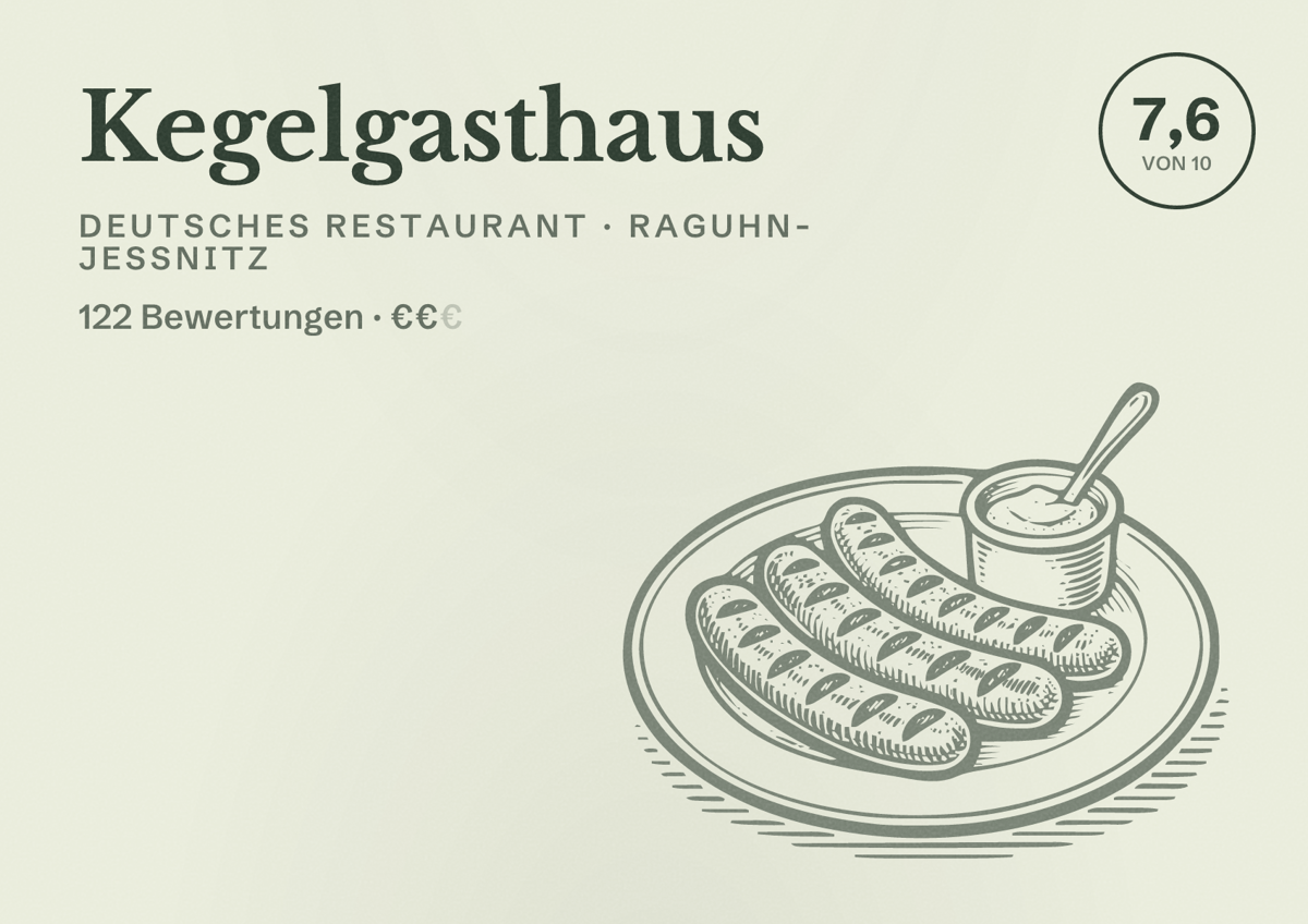 Illustriertes Poster von Kegelgasthaus, Deutsches Restaurant in Raguhn-Jeßnitz: Bewertung 7,6 von 10 aus 122 Bewertungen, Preisniveau €€