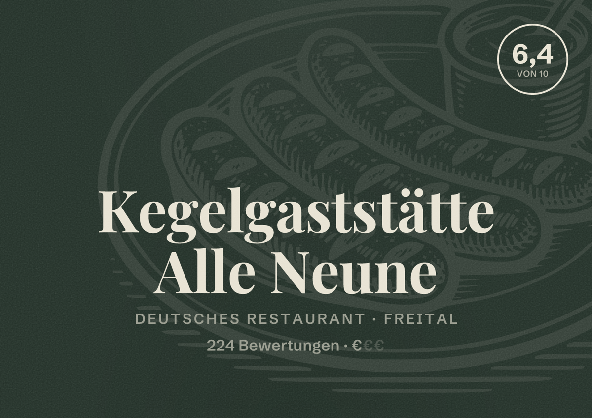 Illustriertes Poster von Kegelgaststätte Alle Neune, Deutsches Restaurant in Freital: Bewertung 6,4 von 10 aus 224 Bewertungen, Preisniveau €