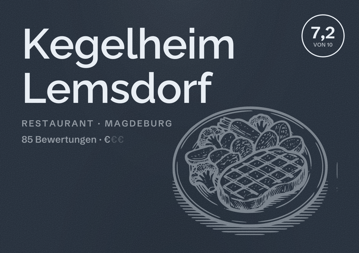 Illustriertes Poster von Kegelheim Lemsdorf, Restaurant in Magdeburg: Bewertung 7,2 von 10 aus 85 Bewertungen, Preisniveau €