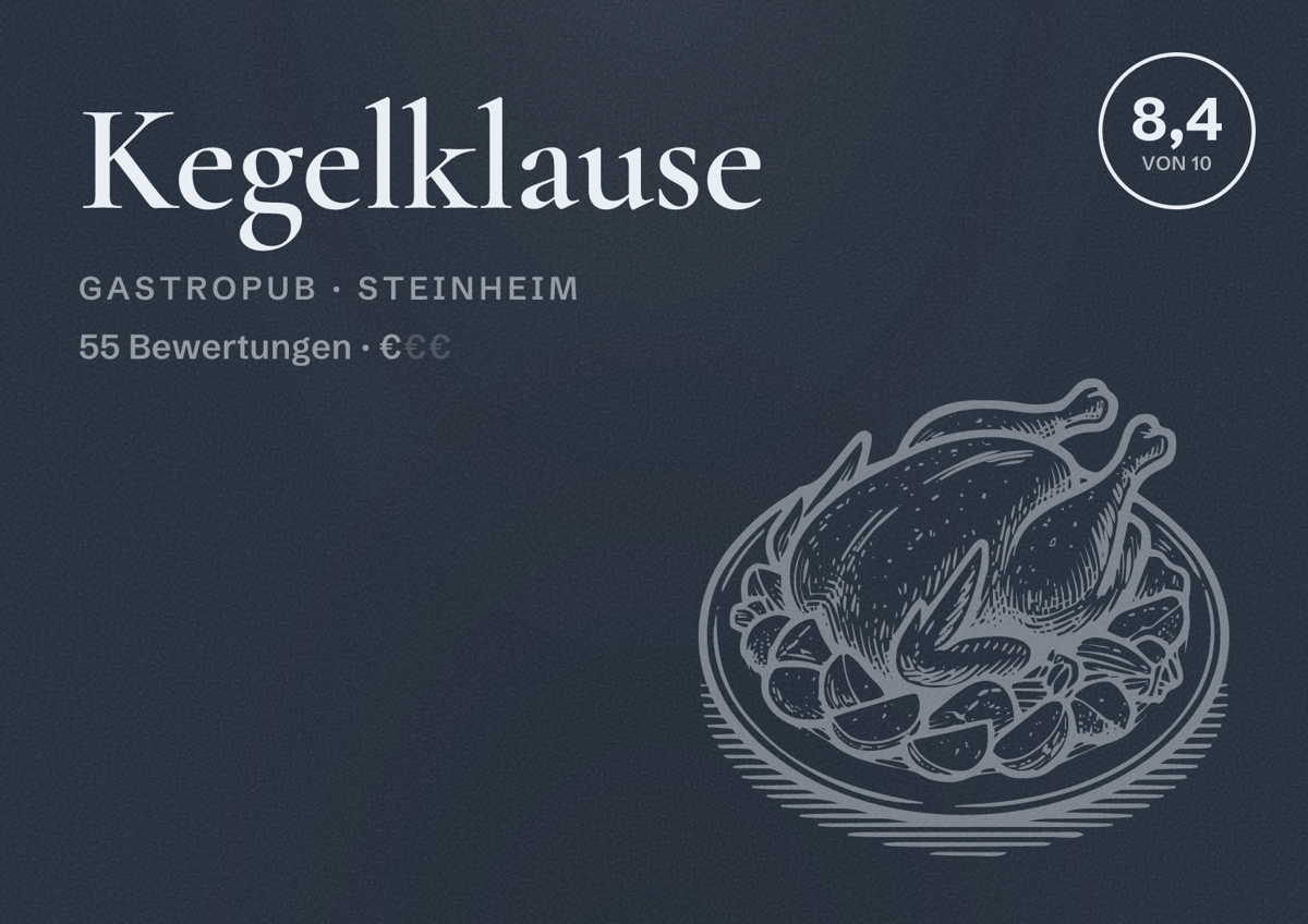 Illustriertes Poster von Kegelklause, Gastropub in Steinheim: Bewertung 8,4 von 10 aus 55 Bewertungen, Preisniveau €