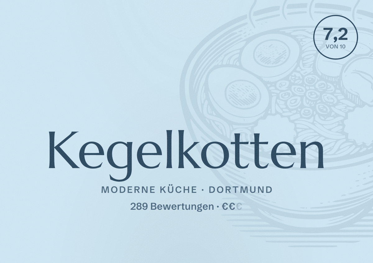 Illustriertes Poster von Kegelkotten, Moderne Küche in Dortmund: Bewertung 7,2 von 10 aus 289 Bewertungen, Preisniveau €€