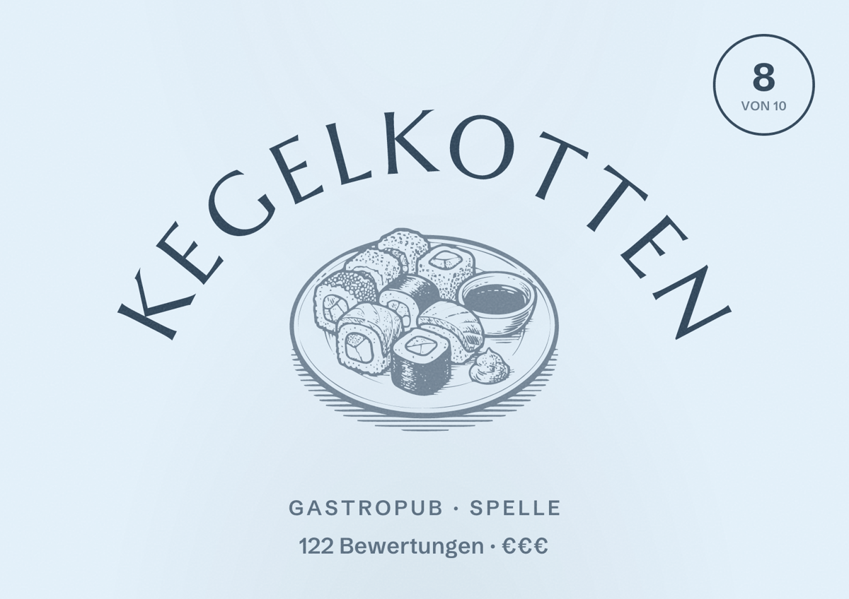 Illustriertes Poster von Kegelkotten, Gastropub in Spelle: Bewertung 8 von 10 aus 122 Bewertungen, Preisniveau €€€