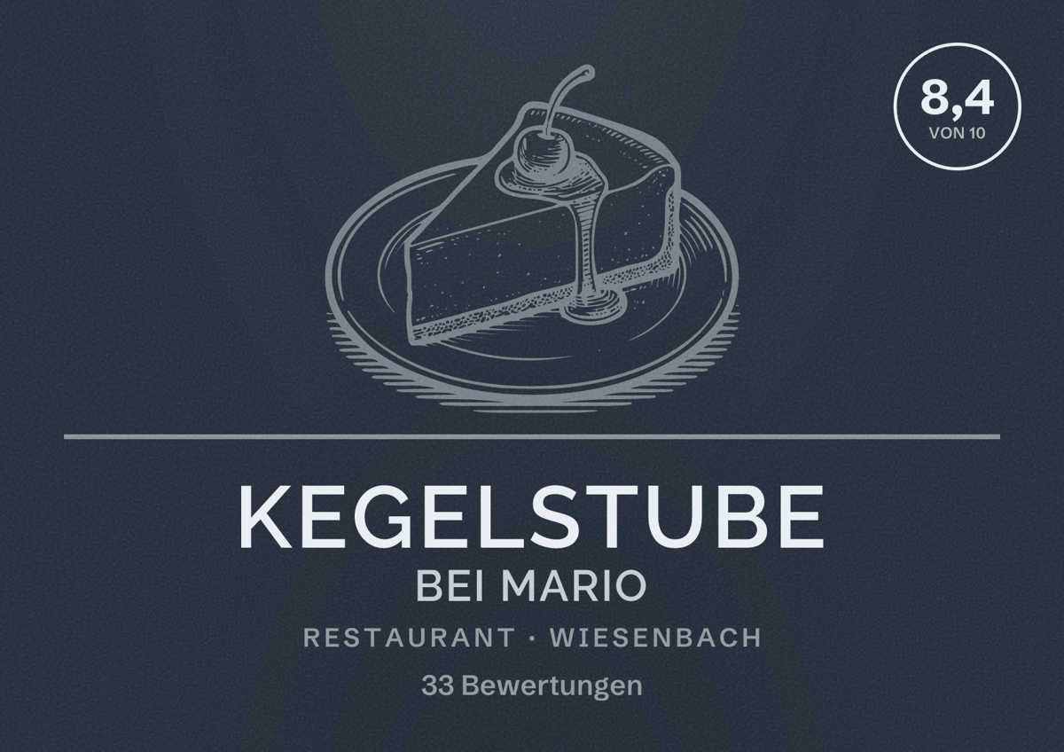 Illustriertes Poster von Kegelstube bei Mario, Restaurant in Wiesenbach: Bewertung 8,4 von 10 aus 33 Bewertungen