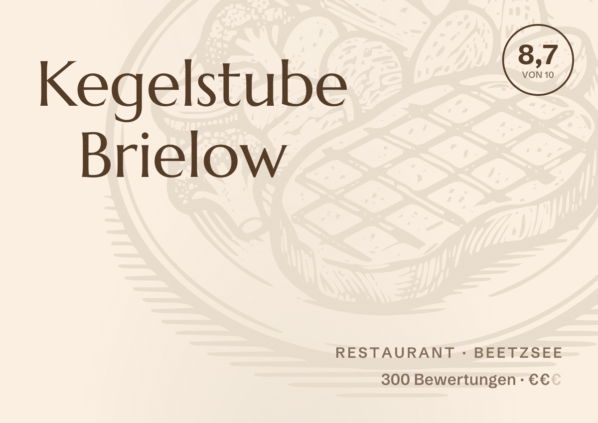 Illustriertes Poster von Kegelstube Brielow, Restaurant in Beetzsee: Bewertung 8,7 von 10 aus 300 Bewertungen, Preisniveau €€