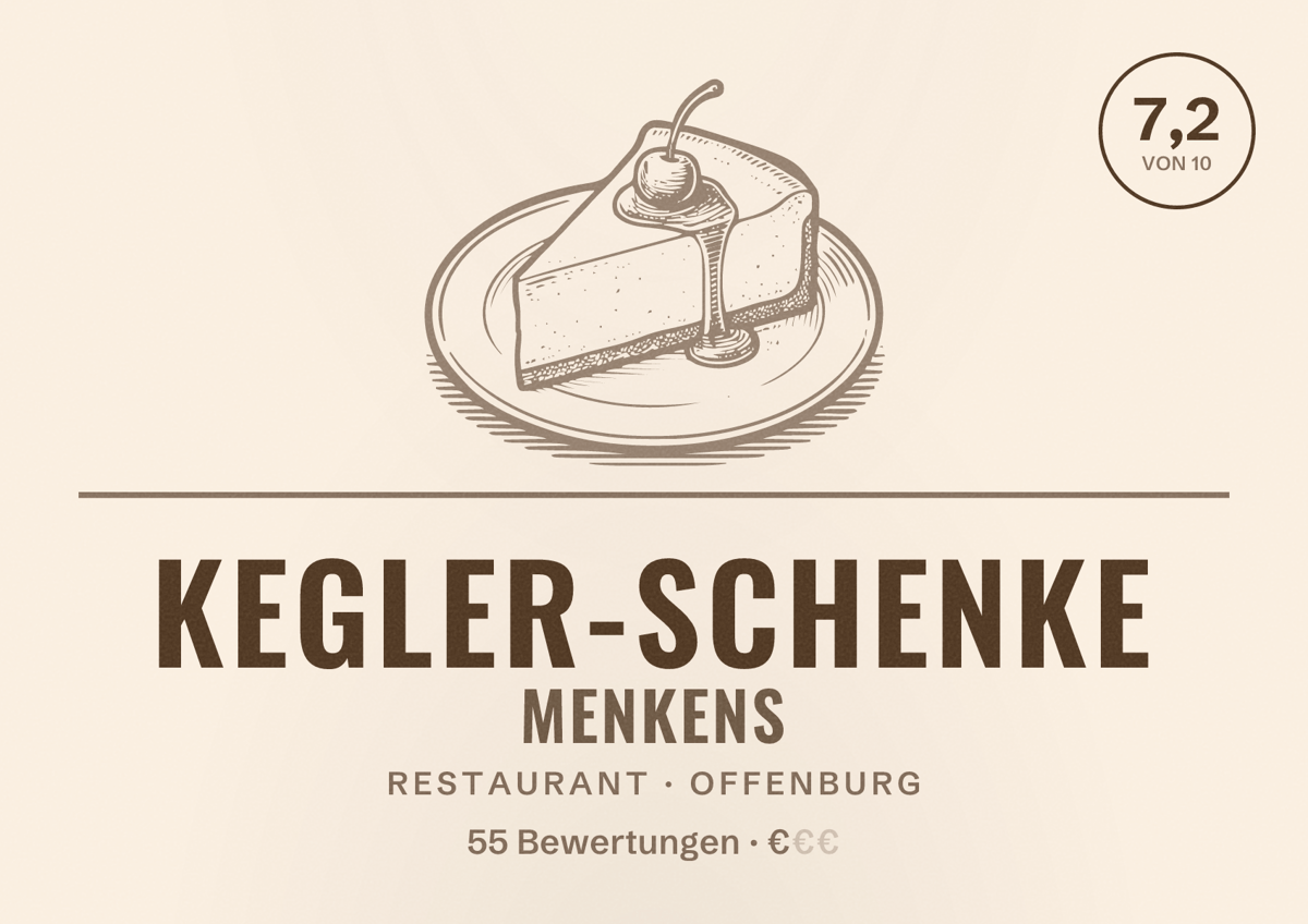 Illustriertes Poster von Kegler-Schenke Menkens, Restaurant in Offenburg: Bewertung 7,2 von 10 aus 55 Bewertungen, Preisniveau €