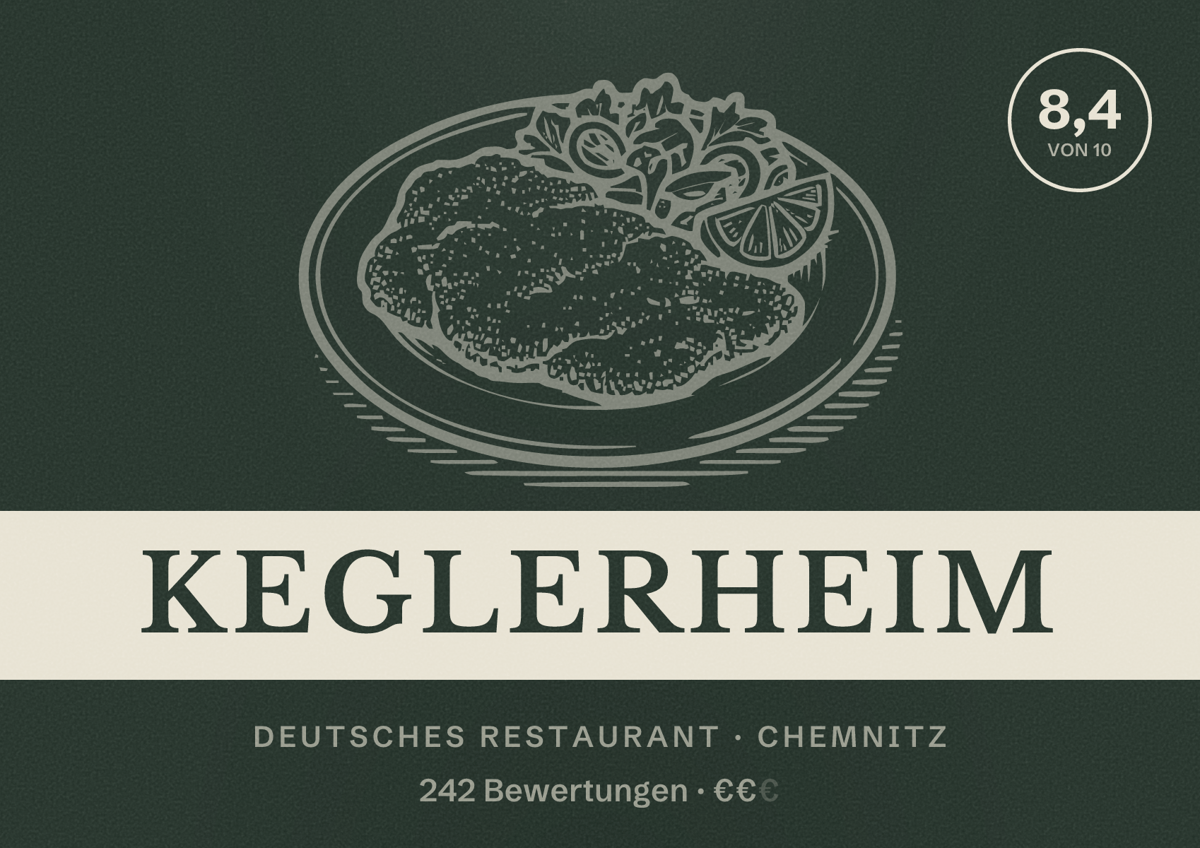 Illustriertes Poster von Keglerheim, Deutsches Restaurant in Chemnitz: Bewertung 8,4 von 10 aus 242 Bewertungen, Preisniveau €€