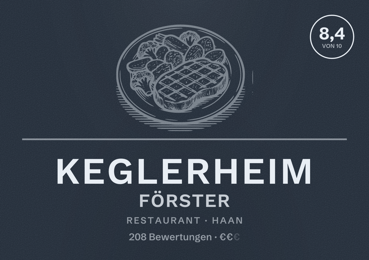 Illustriertes Poster von Keglerheim Förster, Restaurant in Haan: Bewertung 8,4 von 10 aus 208 Bewertungen, Preisniveau €€