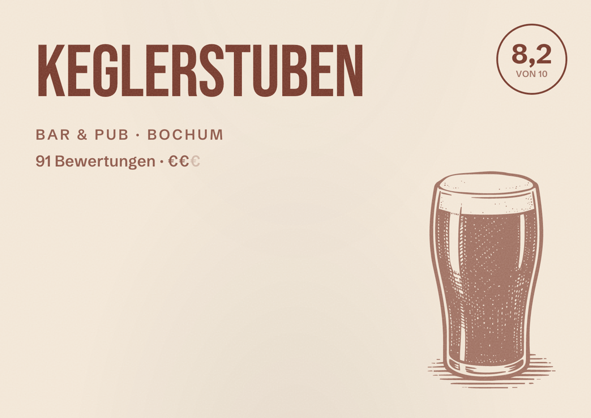 Illustriertes Poster von Keglerstuben, Bar & Pub in Bochum: Bewertung 8,2 von 10 aus 91 Bewertungen, Preisniveau €€