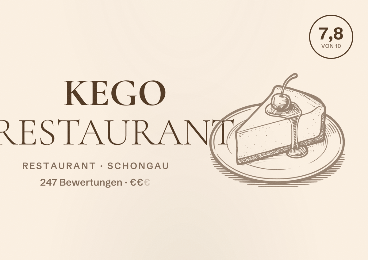 Illustriertes Poster von KEGO RESTAURANT, Restaurant in Schongau: Bewertung 7,8 von 10 aus 247 Bewertungen, Preisniveau €€