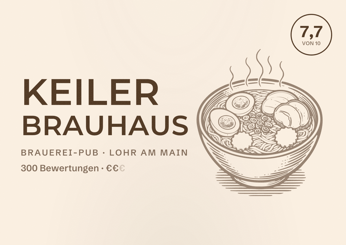 Illustriertes Poster von Keiler Brauhaus, Brauerei-Pub in Lohr am Main: Bewertung 7,7 von 10 aus 300 Bewertungen, Preisniveau €€
