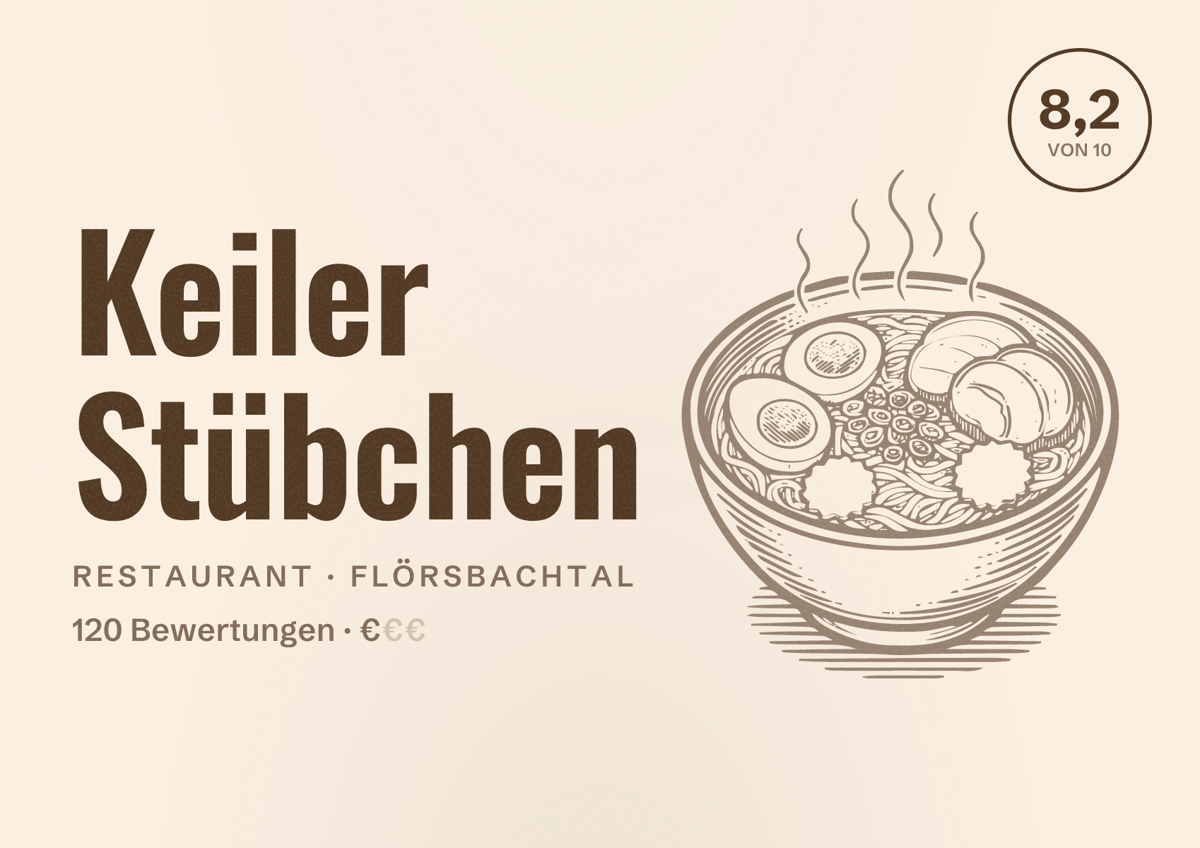 Illustriertes Poster von Keiler Stübchen, Restaurant in Flörsbachtal: Bewertung 8,2 von 10 aus 120 Bewertungen, Preisniveau €