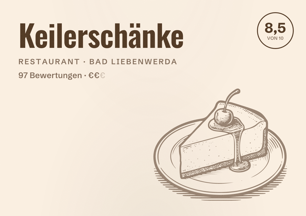 Illustriertes Poster von Keilerschänke, Restaurant in Bad Liebenwerda: Bewertung 8,5 von 10 aus 97 Bewertungen, Preisniveau €€