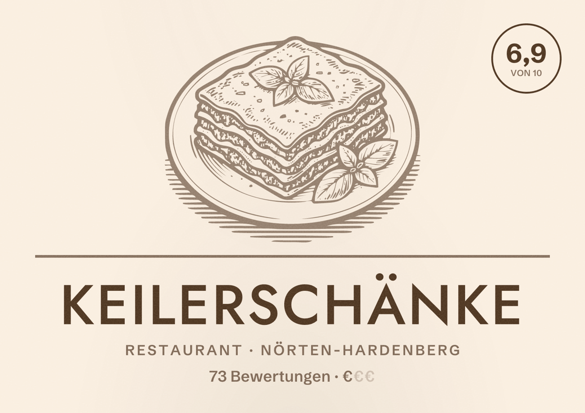 Illustriertes Poster von Keilerschänke, Restaurant in Nörten-Hardenberg: Bewertung 6,9 von 10 aus 73 Bewertungen, Preisniveau €