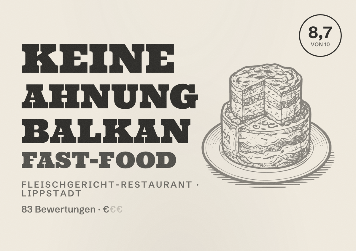 Illustriertes Poster von Keine Ahnung Balkan Fast-Food, Fleischgericht-Restaurant in Lippstadt: Bewertung 8,7 von 10 aus 83 Bewertungen, Preisniveau €