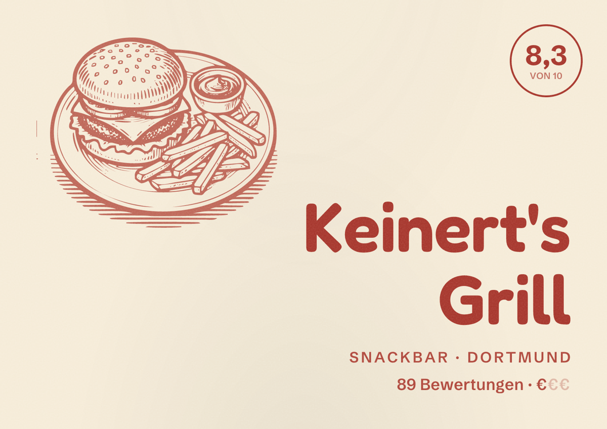 Illustriertes Poster von Keinert's Grill, Snackbar in Dortmund: Bewertung 8,3 von 10 aus 89 Bewertungen, Preisniveau €