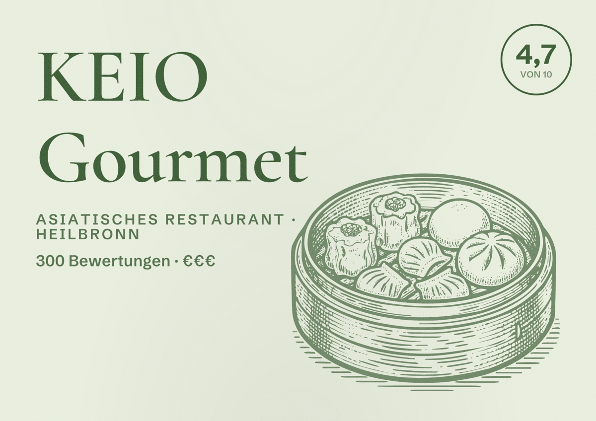 Illustriertes Poster von KEIO Gourmet, Asiatisches Restaurant in Heilbronn: Bewertung 4,7 von 10 aus 300 Bewertungen, Preisniveau €€€