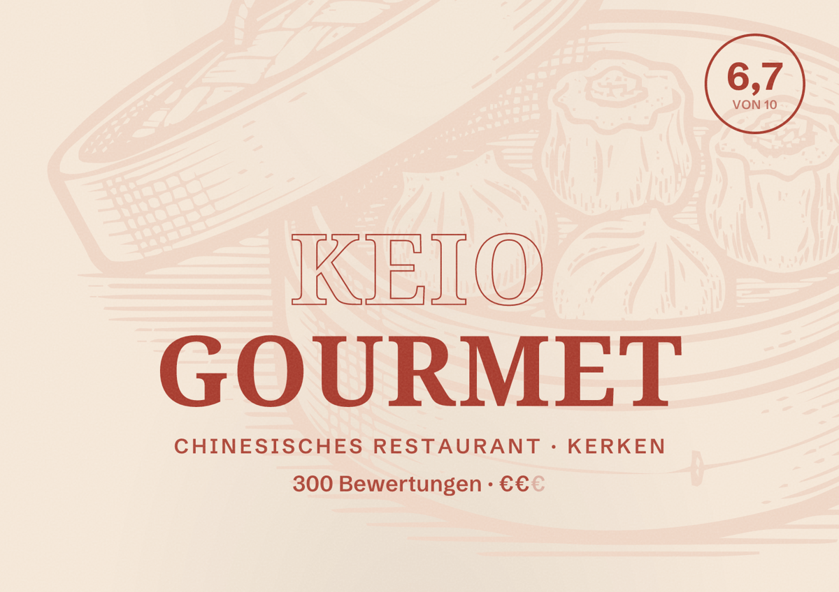 Illustriertes Poster von Keio Gourmet, Chinesisches Restaurant in Kerken: Bewertung 6,7 von 10 aus 300 Bewertungen, Preisniveau €€
