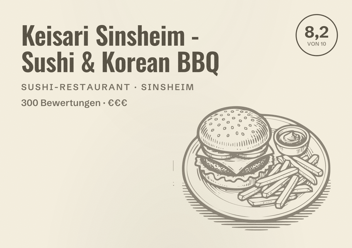 Illustriertes Poster von Keisari Sinsheim - Sushi & Korean BBQ, Sushi-Restaurant in Sinsheim: Bewertung 8,2 von 10 aus 300 Bewertungen, Preisniveau €€€