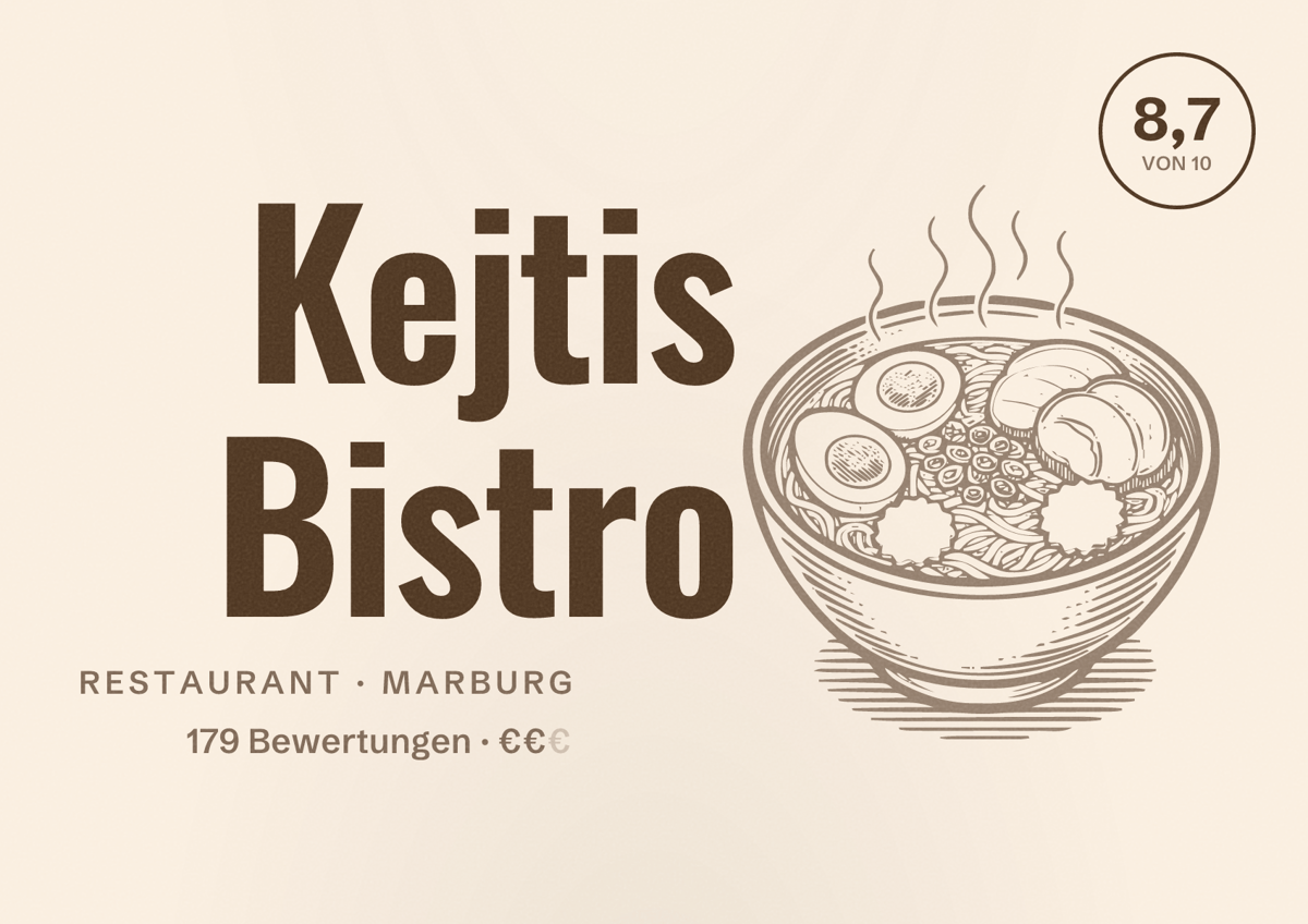 Illustriertes Poster von Kejtis Bistro, Restaurant in Marburg: Bewertung 8,7 von 10 aus 179 Bewertungen, Preisniveau €€