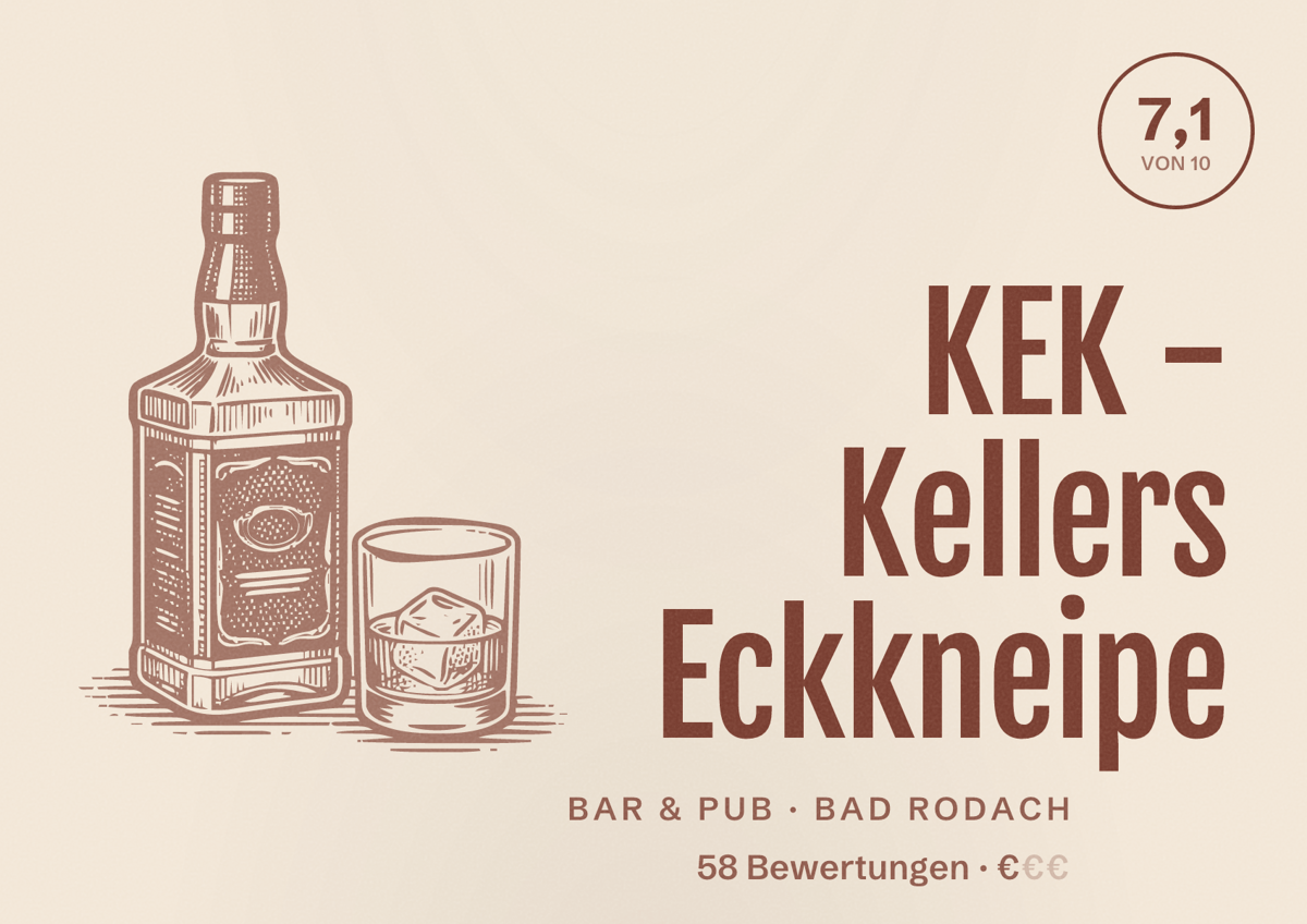 Illustriertes Poster von KEK - Kellers Eckkneipe, Bar & Pub in Bad Rodach: Bewertung 7,1 von 10 aus 58 Bewertungen, Preisniveau €