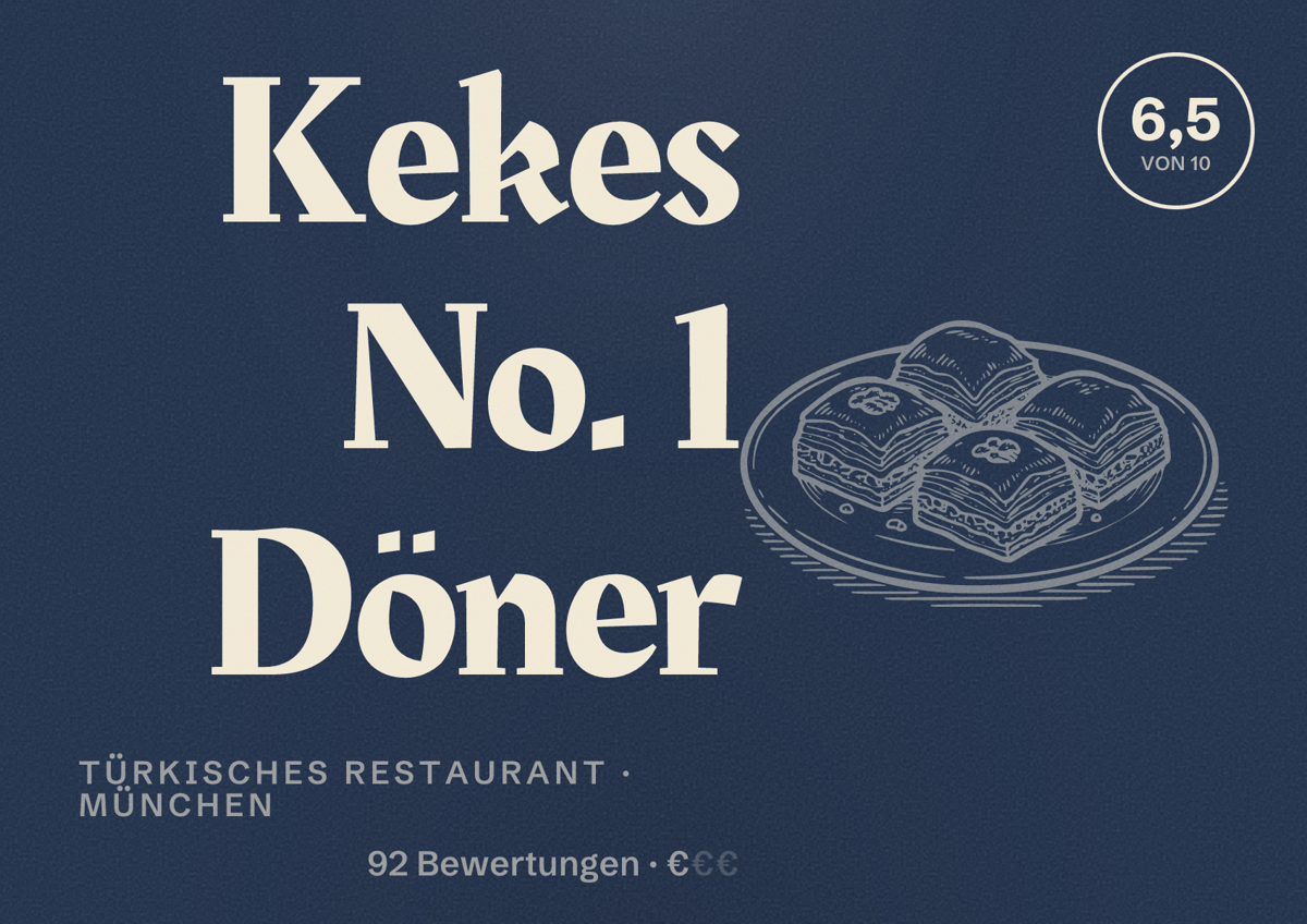 Illustriertes Poster von Kekes No. 1 Döner, Türkisches Restaurant in München: Bewertung 6,5 von 10 aus 92 Bewertungen, Preisniveau €